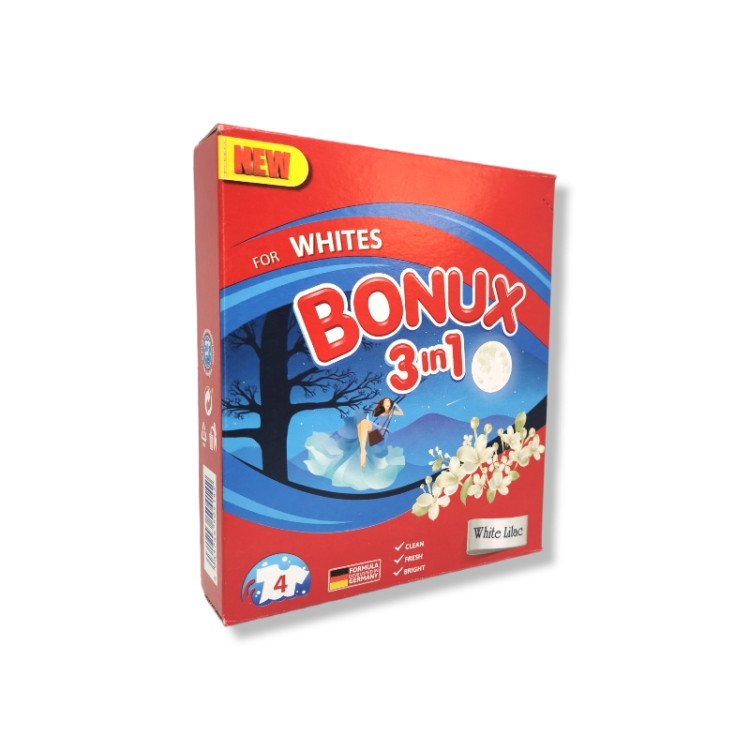 BONUX прах за пране, 400гр, 4 пранета, Бяло пране, White Lilac