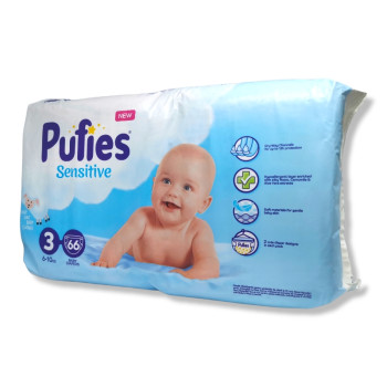 PUFIES sensitive бебешки пелени, номер 3, 6-10кг, 62 броя PUFIES sensitive бебешки пелени, номер 3, 6-10кг, 62 броя