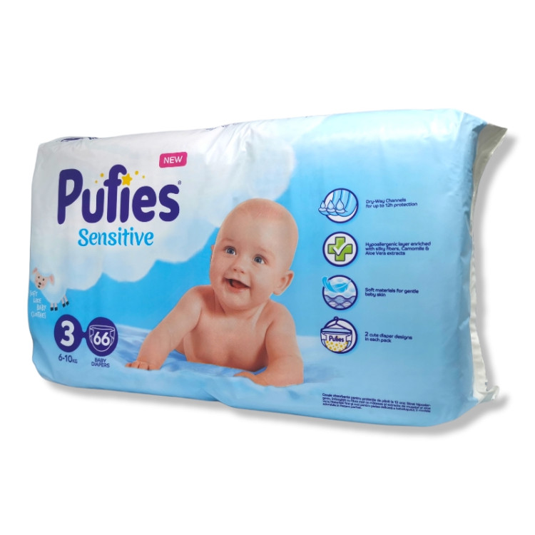 PUFIES sensitive бебешки пелени, номер 3, 6-10кг, 66 броя 