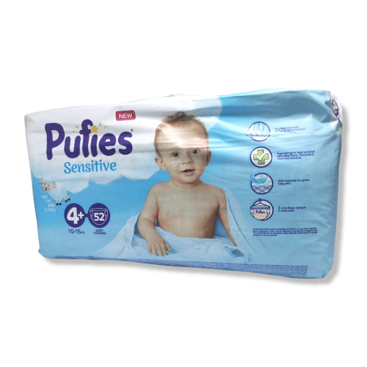 PUFIES sensitive бебешки пелени, номер 4+, 10-15кг, 50 броя 