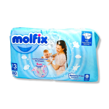 MOLFIX бебешки пелени, номер 3, 60БР, 4-9КГ MOLFIX бебешки пелени, номер 3, 60БР, 4-9КГ