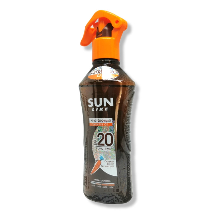 SUN LIKE слънцезащитно олио, Помпа, SPF 20, Бърз загар, 200мл