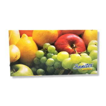 SANITEX салфетки в кутия, 2 пласта, Бели, Плодове, 100 броя SANITEX салфетки в кутия, 2 пласта, Бели, Плодове, 100 броя