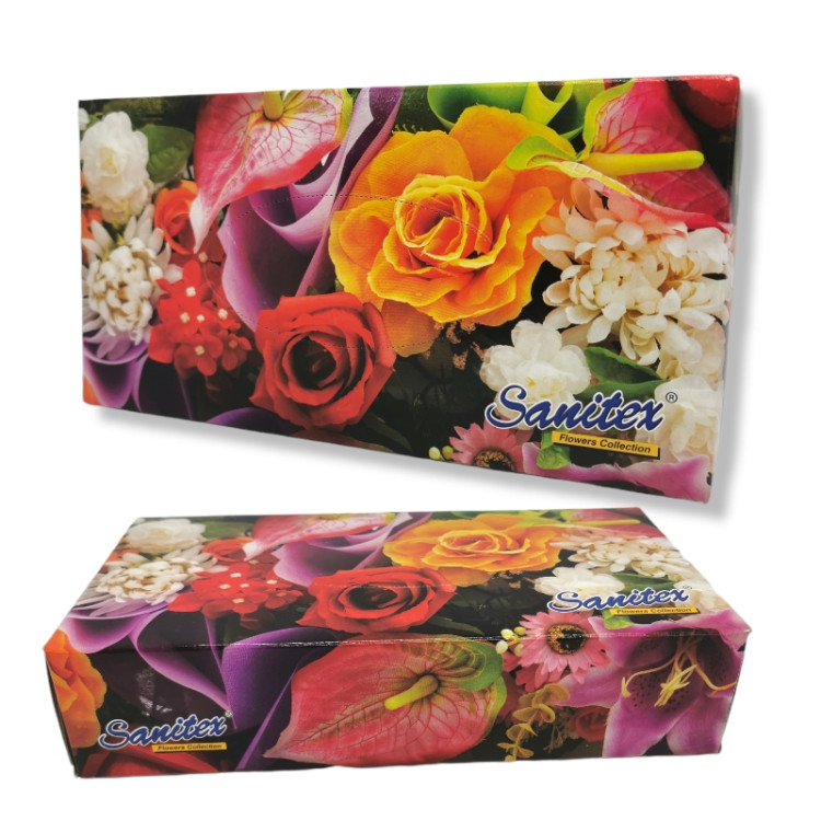 SANITEX салфетки в кутия, 2 пласта, Бели, Цветя, 100 броя