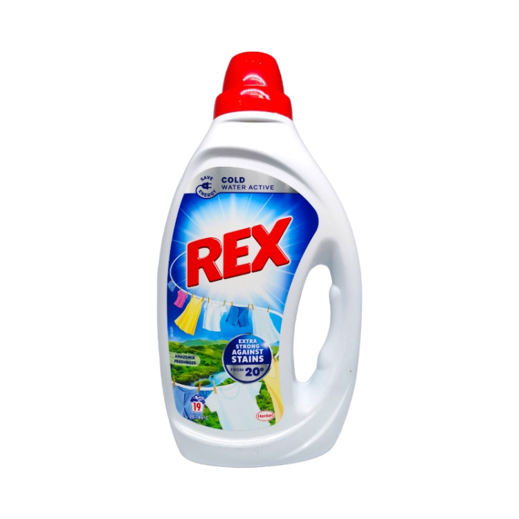 REX течен перилен препарат, 19 пранета, 855мл, Бяло пране, Амазония фреш