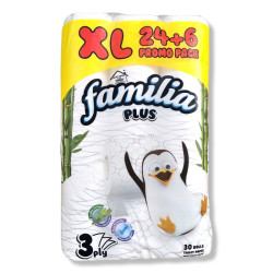 FAMILIA тоалетна хартия, Без аромат, 3 пласта, 80гр, 24+6 броя