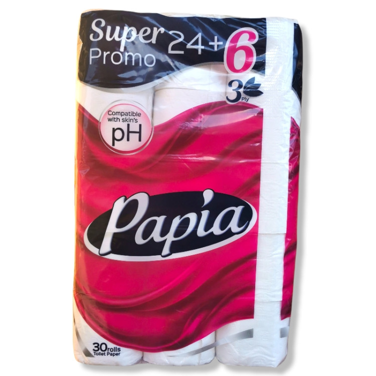 PAPIA тоалетна хартия, Бяла, Без аромат, 3 пласта, 24+6 броя