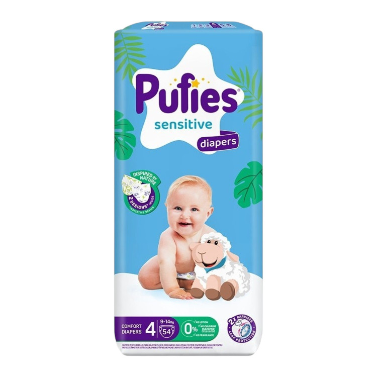 PUFIES sensitive бебешки пелени, номер 4, 9-14кг, 56 броя 