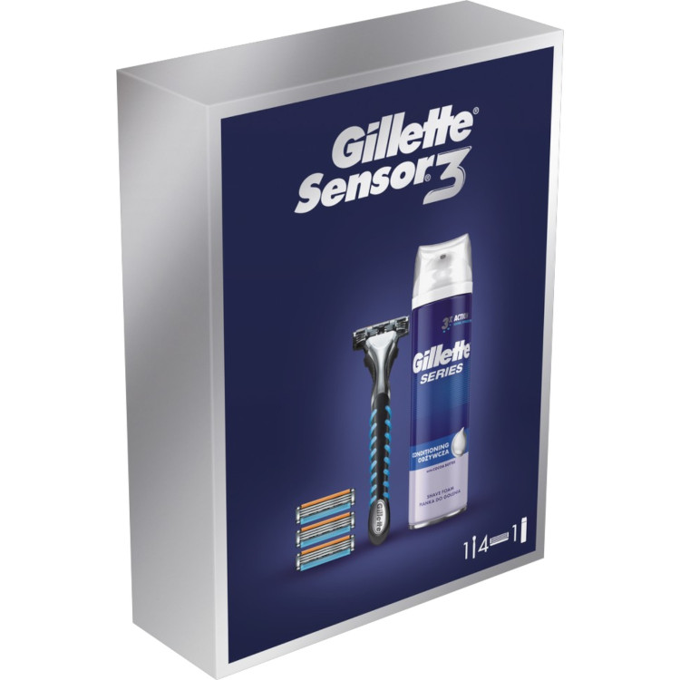 GILLETTE комплект мъжка самобръсначка, Sensor 3, Дръжка, 4 броя ножчета, Пяна за бръснене 