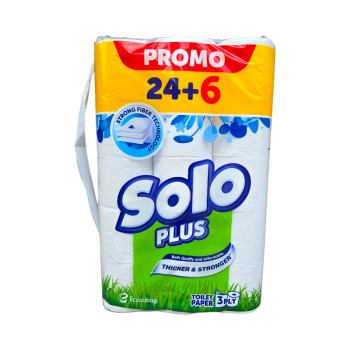 SOLO тоалетна хартия, Бяла, Без аромат, 3 пласта, 24+6 броя х 70гр SOLO тоалетна хартия, Бяла, Без аромат, 3 пласта, 24+6 броя х 70гр