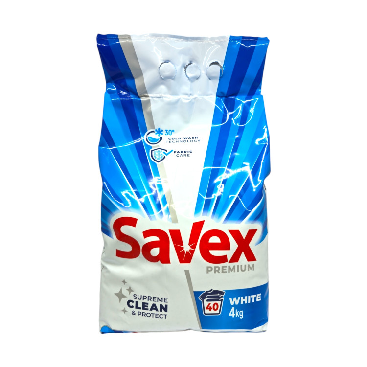 SAVEX прах за пране, 4кг, 40 пранета, Бяло пране, Premium White