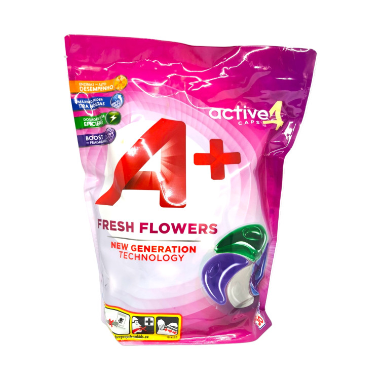 A+ капсули за пране, 56 броя, Универсално пране, Active 4, Fresh Flowers