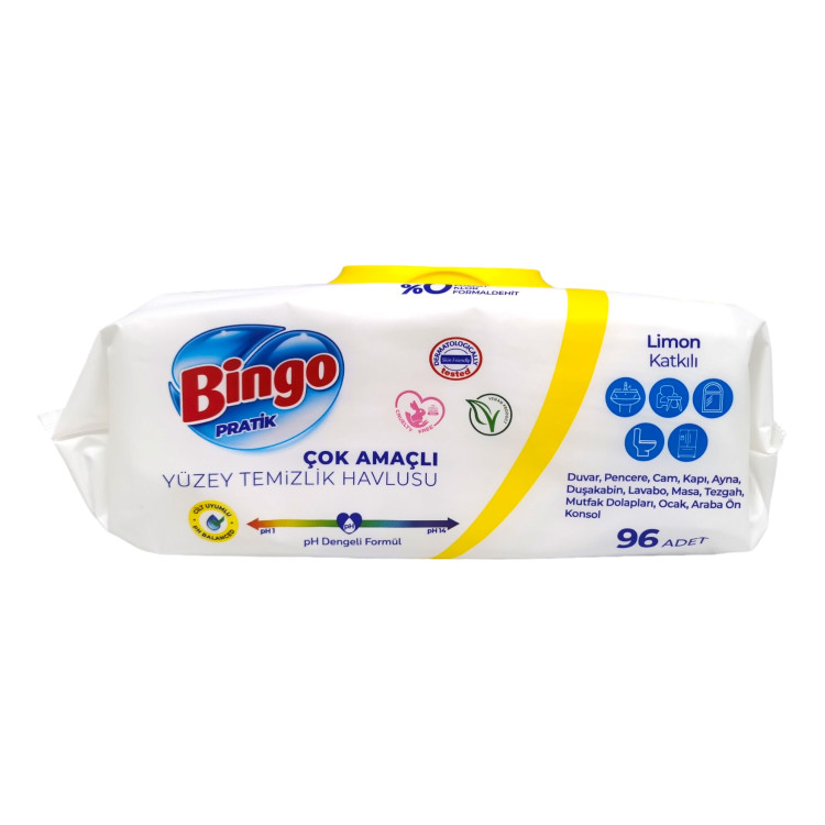 BINGO санитарни мокри кърпи, За почистване на всякакви повърхности, Лимон, 96 броя, 1100гр
