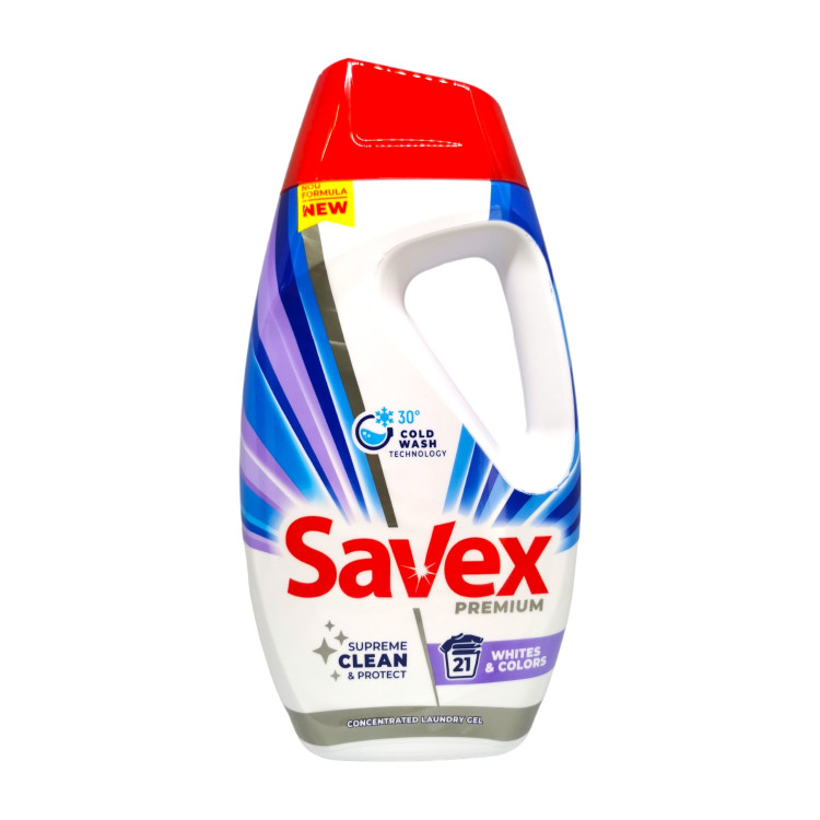 SAVEX premium течен перилен препарат, 0,945л, 21пранета, Бели и цветни дрехи