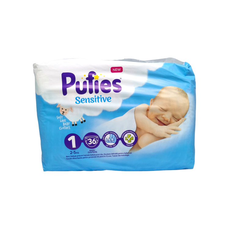 PUFIES sensitive бебешки пелени, Новородени, номер 1, 2-5кг, 36 броя 