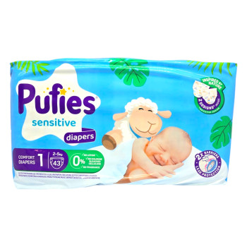 PUFIES sensitive бебешки пелени, Новородени, номер 1, 2-5кг, 43 броя 