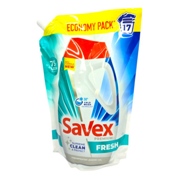 SAVEX гел за универсално пране, Плик, 765мл, 17 пранета, Fresh