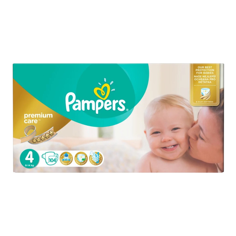 PAMPERS premium care бебешки пелени, Номер 4, 8-14кг, 104броя PAMPERS premium care бебешки пелени, Номер 4, 8-14кг, 104броя