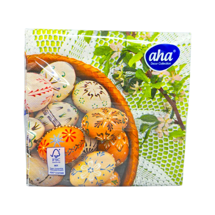 AHA салфетки с картинка, Великденски, 20броя, Яйца и зелени листа AHA салфетки с картинка, Великденски, 20броя, Яйца и зелени листа