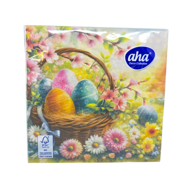 AHA салфетки с картинка, Великденски, 20броя, Кошница с яйца и цветя AHA салфетки с картинка, Великденски, 20броя, Кошница с яйца и цветя