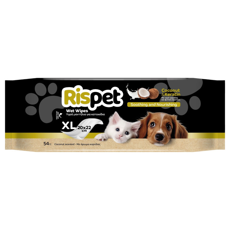 RISPET мокри кърпи за куче и котка, XL 20х20см, 54 броя, Кокос RISPET мокри кърпи за куче и котка, XL 20х20см, 54 броя, Кокос