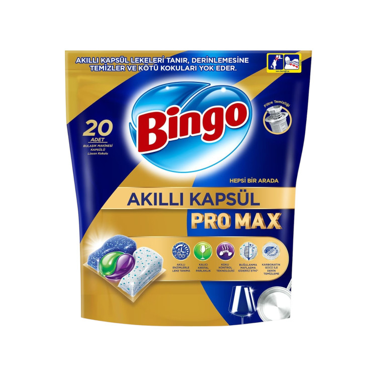 BINGO таблетки за съдомиялна машина, Всичко в едно, Pro max, 20 броя BINGO таблетки за съдомиялна машина, Всичко в едно, Pro max, 20 броя