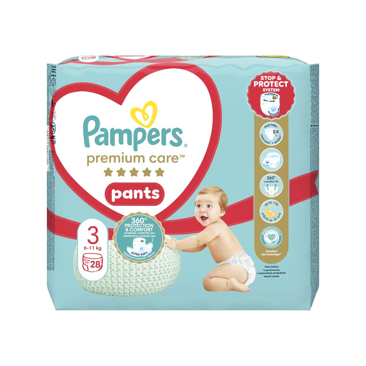 PAMPERS pants бебешки гащи, Premium Care, номер 3, 6-11кг, 28 броя PAMPERS pants бебешки гащи, Premium Care, номер 3, 6-11кг, 28 броя