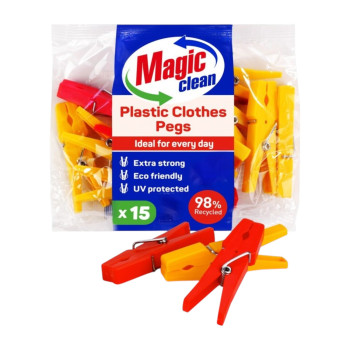 MAGIC CLEAN пластмасови щипки за пране, UV фактор, Цветни, 15 броя MAGIC CLEAN пластмасови щипки за пране, UV фактор, Цветни, 15 броя