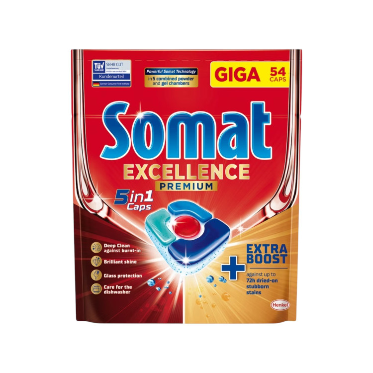 SOMAT таблетки за съдомиялна машина, 54 броя, Excellence, Premium, 5в1 SOMAT таблетки за съдомиялна машина, 54 броя, Excellence, Premium, 5в1