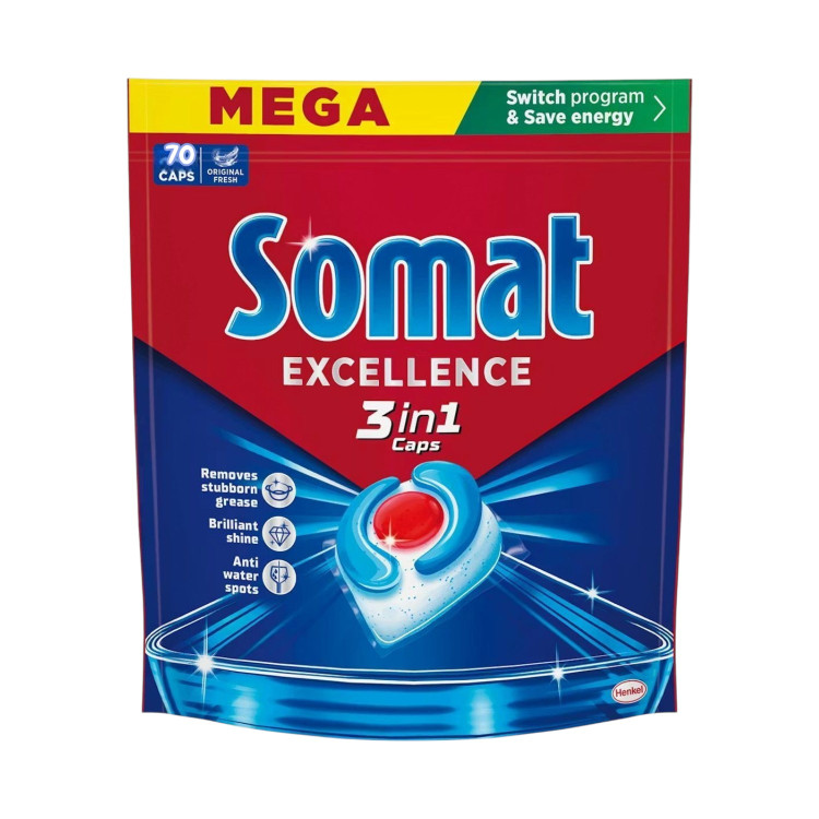 SOMAT таблетки за съдомиялна машина, 70 броя, Excellence, Original Fresh, 3в1