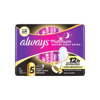 ALWAYS дамски превръзки, Platinum Secure Night Extra, ултра меки, 12h защита, размер 5, 8 броя