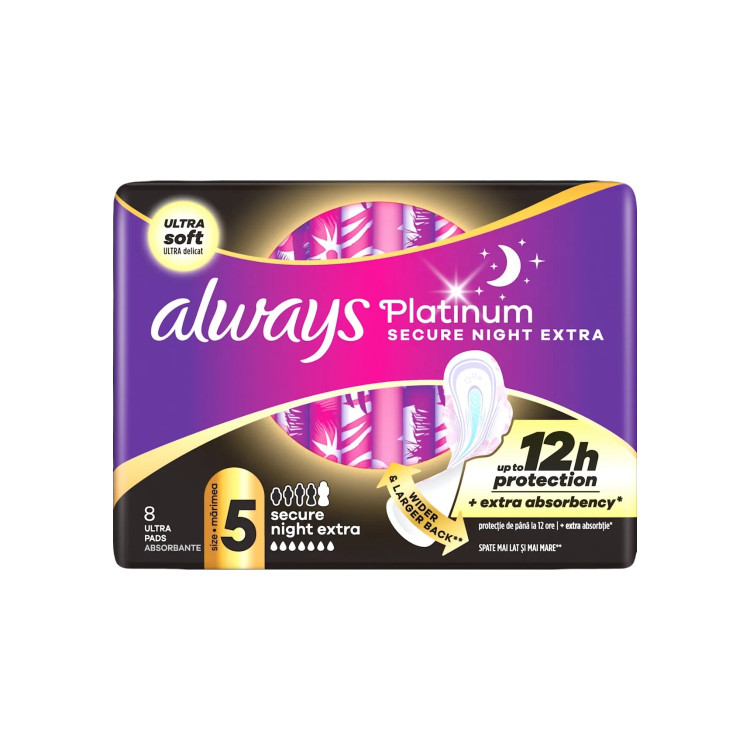 ALWAYS дамски превръзки, Platinum Secure Night Extra, ултра меки, 12h защита, размер 5, 8 броя ALWAYS дамски превръзки, Platinum Secure Night Extra, ултра меки, 12h защита, размер 5, 8 броя
