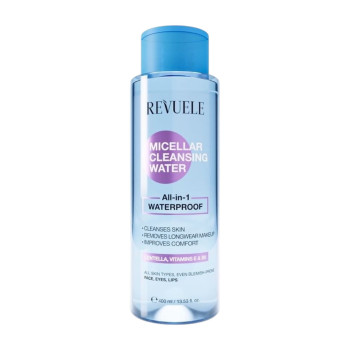 REVUELE Micellar Cleansing Water All‑in‑1 Waterproof, мицеларна вода с центела, витамин E и B5, 400 мл