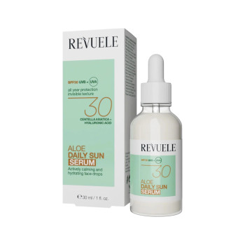 REVUELE Aloe Daily Sun Serum SPF 30, успокояващ слънцезащитен серум с алое, центела и хиалуронова киселина, 30 ml
