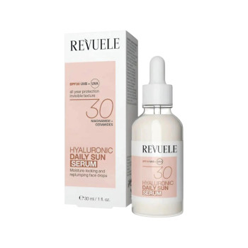 REVUELE Hyaluronic Daily Sun Serum SPF 30, хидратиращ слънцезащитен серум с ниацинамид и церамиди, 30 ml