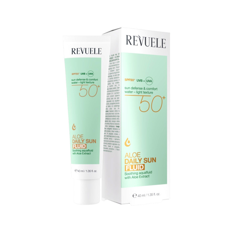 REVUELE Aloe Daily Sun Fluid SPF 50+, водолека слънцезащитна флуид‑текстура с алое, 40 ml REVUELE Aloe Daily Sun Fluid SPF 50+, водолека слънцезащитна флуид‑текстура с алое, 40 ml