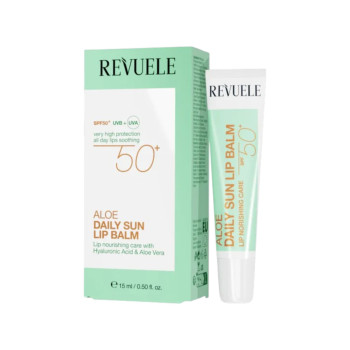 REVUELE Aloe Daily Sun Lip Balm SPF 50+, подхранващ слънцезащитен балсам за устни с алое и хиалуронова киселина, 15 ml