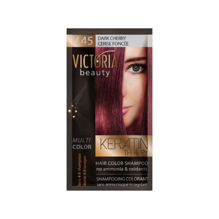 VICTORIA BEAUTY Оцветяващ шампоан с кератин – Тъмна череша (V45), 4–8 измивания VICTORIA BEAUTY Оцветяващ шампоан с кератин – Тъмна череша (V45), 4–8 измивания