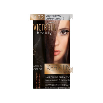 VICTORIA BEAUTY Оцветяващ шампоан с кератин – Кадифено кафяво (V32), 4–8 измивания VICTORIA BEAUTY Оцветяващ шампоан с кератин – Кадифено кафяво (V32), 4–8 измивания