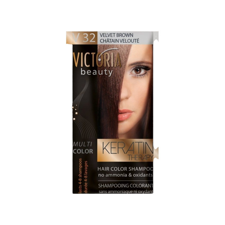 VICTORIA BEAUTY Оцветяващ шампоан с кератин – Кадифено кафяво (V32), 4–8 измивания VICTORIA BEAUTY Оцветяващ шампоан с кератин – Кадифено кафяво (V32), 4–8 измивания