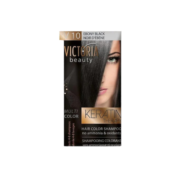 VICTORIA BEAUTY Оцветяващ шампоан с кератин – Ебено черно (V10), 4–8 измивания VICTORIA BEAUTY Оцветяващ шампоан с кератин – Ебено черно (V10), 4–8 измивания