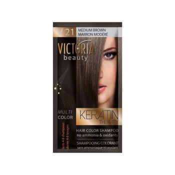 VICTORIA BEAUTY Оцветяващ шампоан с кератин – Среднокестеняв (V21), 4–8 измивания VICTORIA BEAUTY Оцветяващ шампоан с кератин – Среднокестеняв (V21), 4–8 измивания