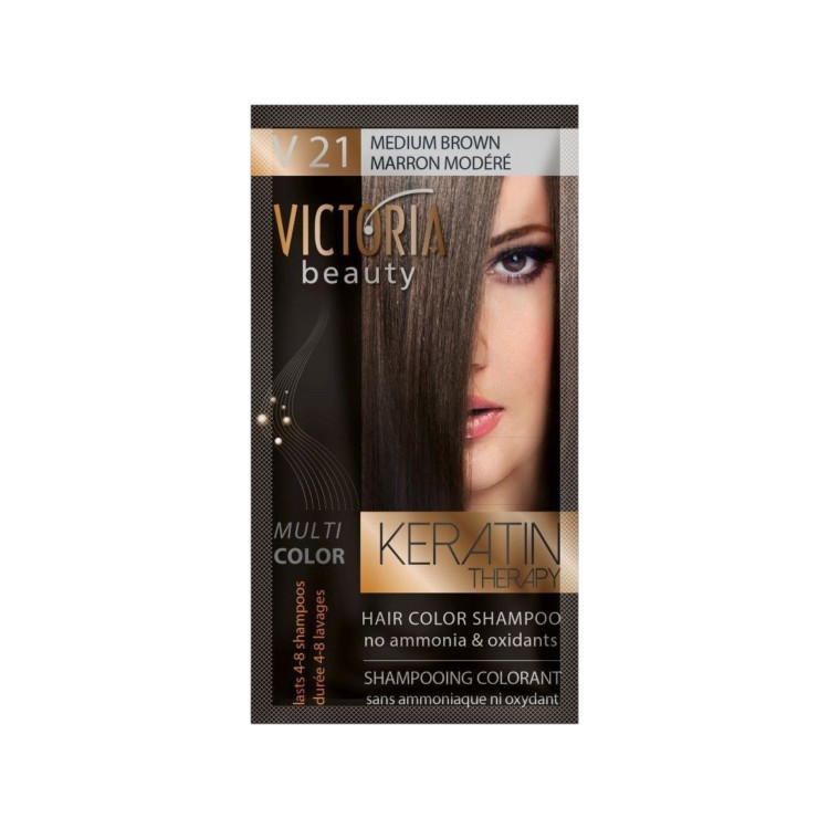 VICTORIA BEAUTY Оцветяващ шампоан с кератин – Среднокестеняв (V21), 4–8 измивания