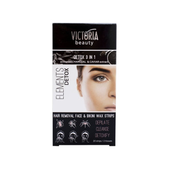 VICTORIA BEAUTY Elements Detox – Ленти за депилация лице и бикини 3 в 1 с активен въглен и екстракт от хайвер, 20 бр