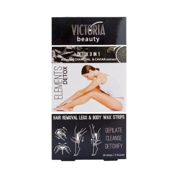 VICTORIA BEAUTY Elements Detox – Ленти за депилация за крака и тяло 3 в 1 с активен въглен и екстракт от хайвер, 20 бр