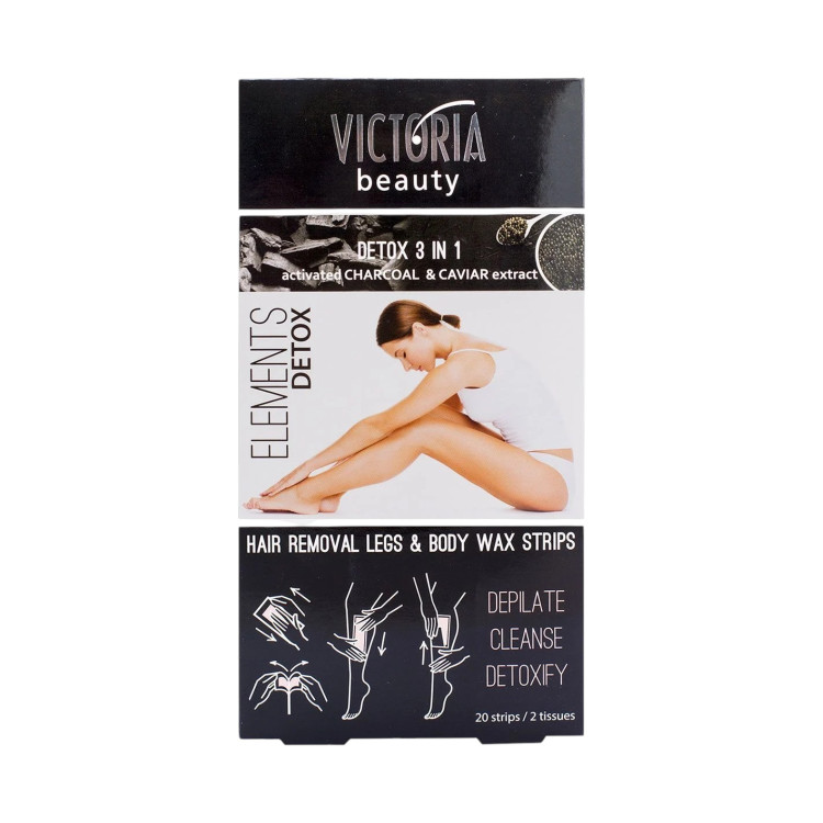 VICTORIA BEAUTY Elements Detox – Ленти за депилация за крака и тяло 3 в 1 с активен въглен и екстракт от хайвер, 20 бр VICTORIA BEAUTY Elements Detox – Ленти за депилация за крака и тяло 3 в 1 с активен въглен и екстракт от хайвер, 20 бр