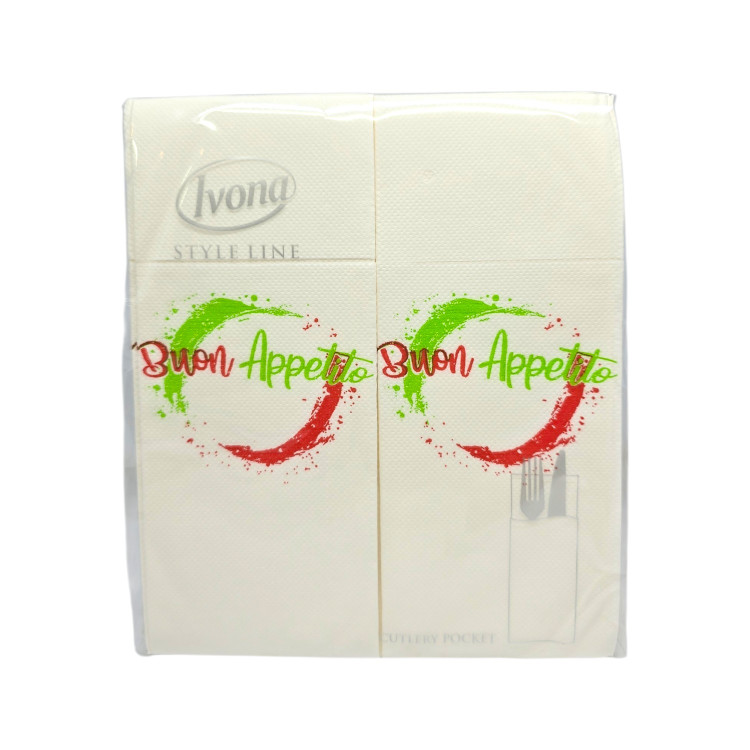 IVONA, салфетки с джоб за прибори Style Line, кремави с дизайн “Buon Appetito”, 40 бр IVONA, салфетки с джоб за прибори Style Line, кремави с дизайн “Buon Appetito”, 40 бр