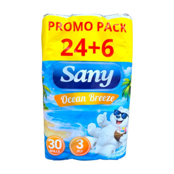 SANY, тоалетна хартия Ocean Breeze 3‑пластова, промо пакет 24+6, 30 ролки SANY, тоалетна хартия Ocean Breeze 3‑пластова, промо пакет 24+6, 30 ролки