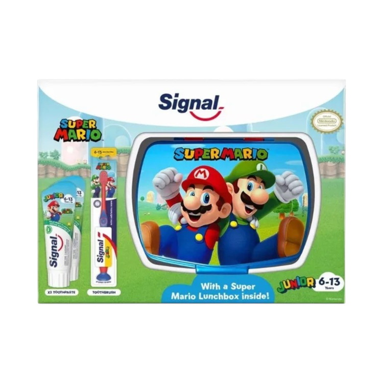SIGNAL, детски комплект Super Mario Junior паста ×2 + четка + кутия, 6–13 г. SIGNAL, детски комплект Super Mario Junior паста ×2 + четка + кутия, 6–13 г.
