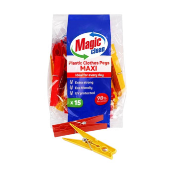 MAGIC CLEAN пластмасови щипки за пране, UV фактор, Макси, Цветни, 15 броя MAGIC CLEAN пластмасови щипки за пране, UV фактор, Макси, Цветни, 15 броя